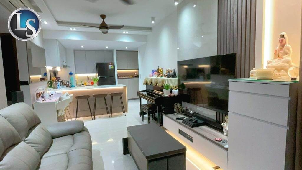 Finished BTO Living Room Transformation with custom floating TV console, fluted panelling, and integrated cove lighting